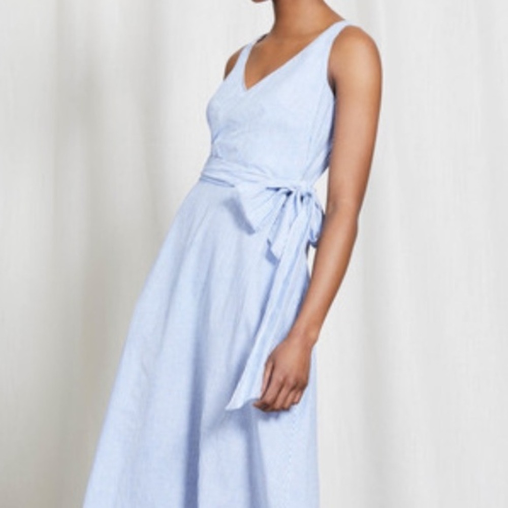 BODEN RIVIERA Linen Seersucker wrap Blue white Stripe Cotton Blend Dress sz 6
